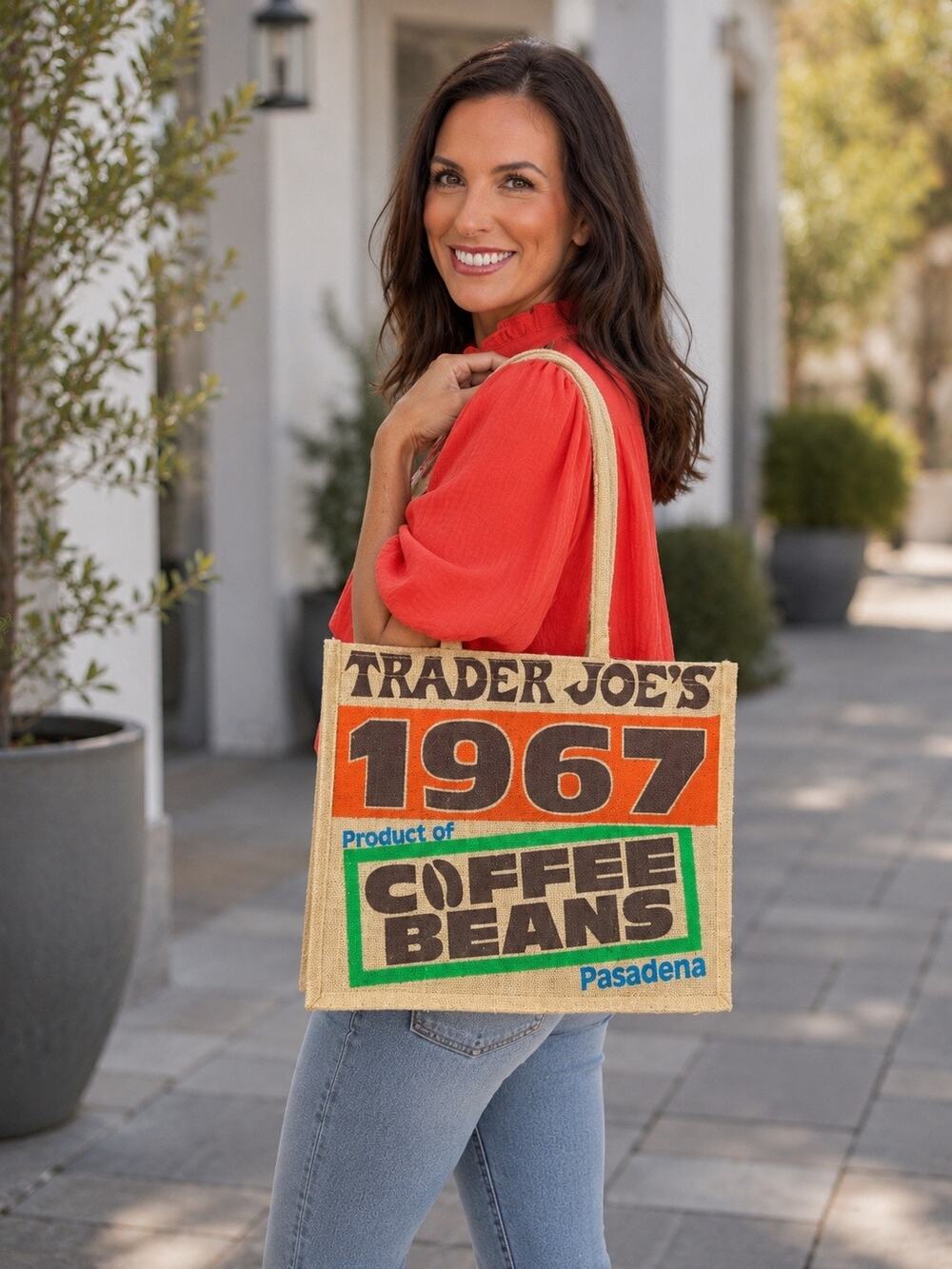 Trader Joe's 1967 Coffee Beans Pasadena Jute Tote 9 Gallon Reusable NWT